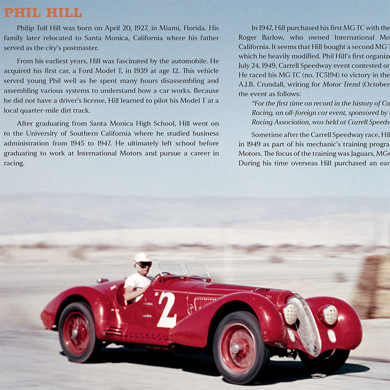 Red vintage race car with a driver on a track, accompanied by text about Phil Hill's racing career.
