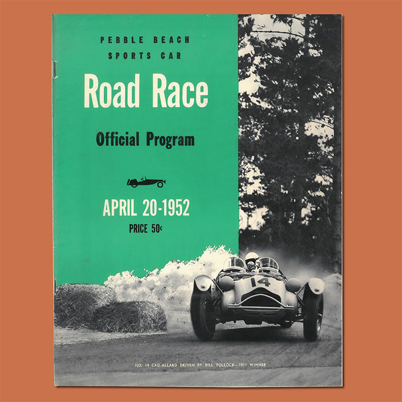 Pebble Beach Sports Car Road Race official program from 1952 with a vintage car on a track.