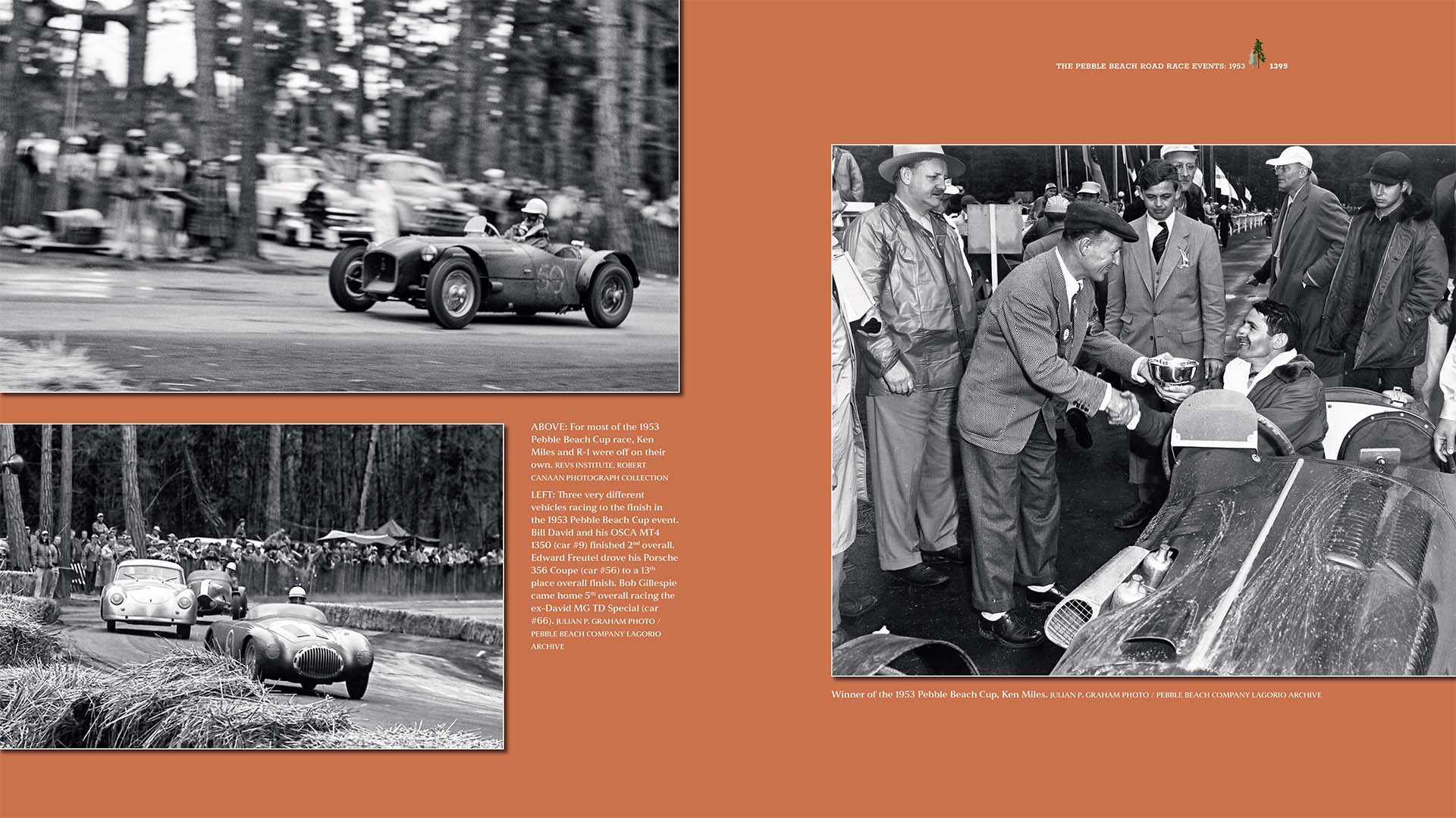 Book or magazine layout with vintage race car photos and people around cars on a brown background.