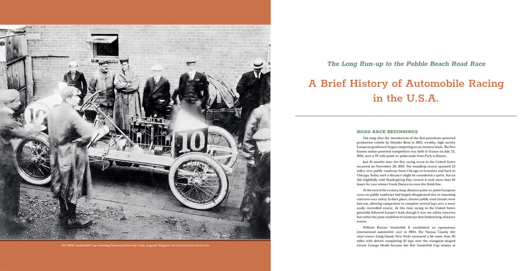 Historical black and white photo of a race car with people around, transitioning to text about automobile racing history.