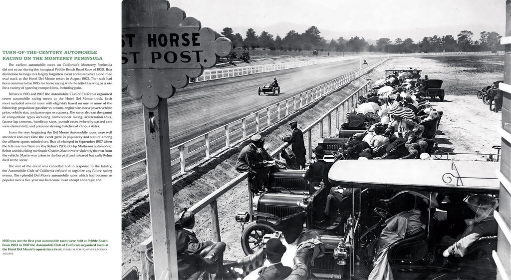 Vintage black and white photograph of an early automotive race with spectators and cars on a track.