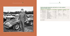 Book page with a black and white photo of a man next to a vintage race car and a table on the right.