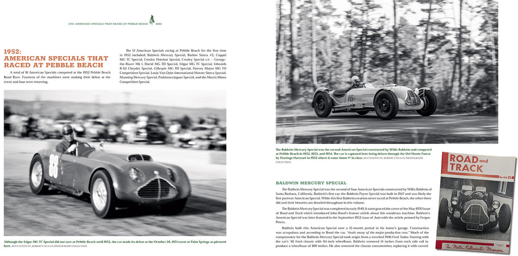 Magazine layout with vintage car on a track and text about American specials racing at Pebble Beach.