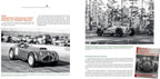 Magazine layout with vintage car on a track and text about American specials racing at Pebble Beach.