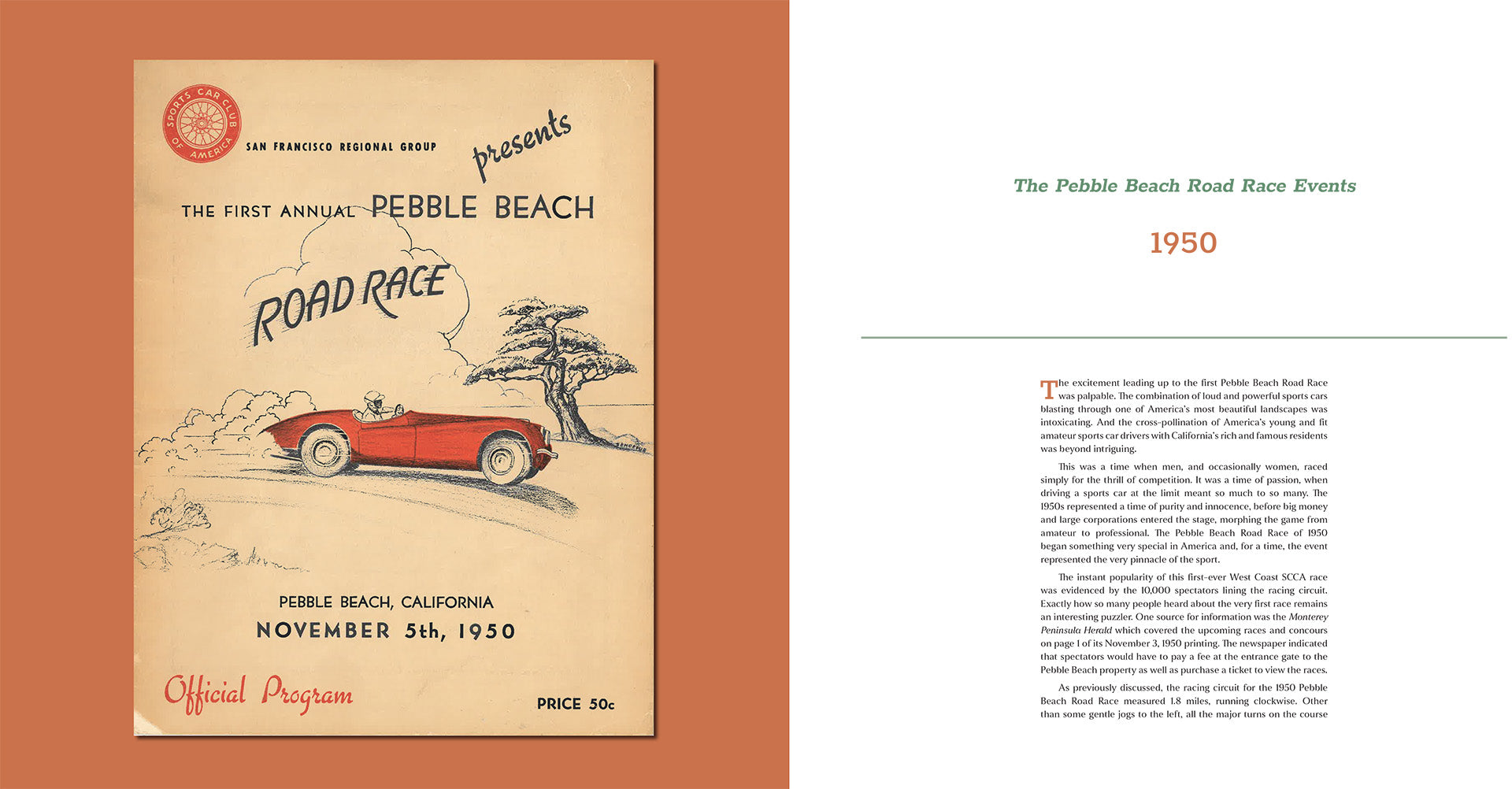 1950 Pebble Beach Road Race event program with vintage car illustration on a brown background