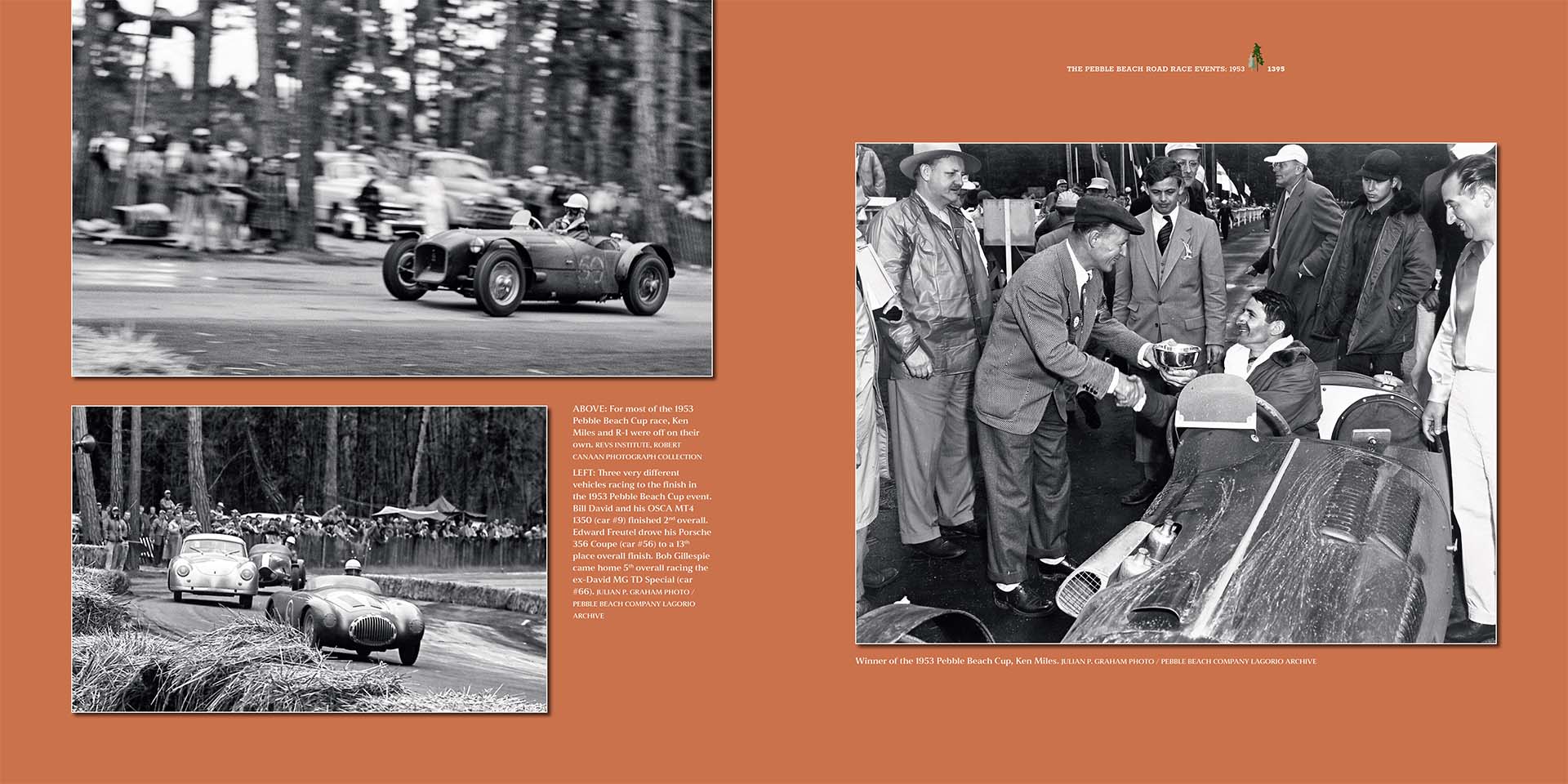 Collage of vintage race car images with people and cars on an orange background