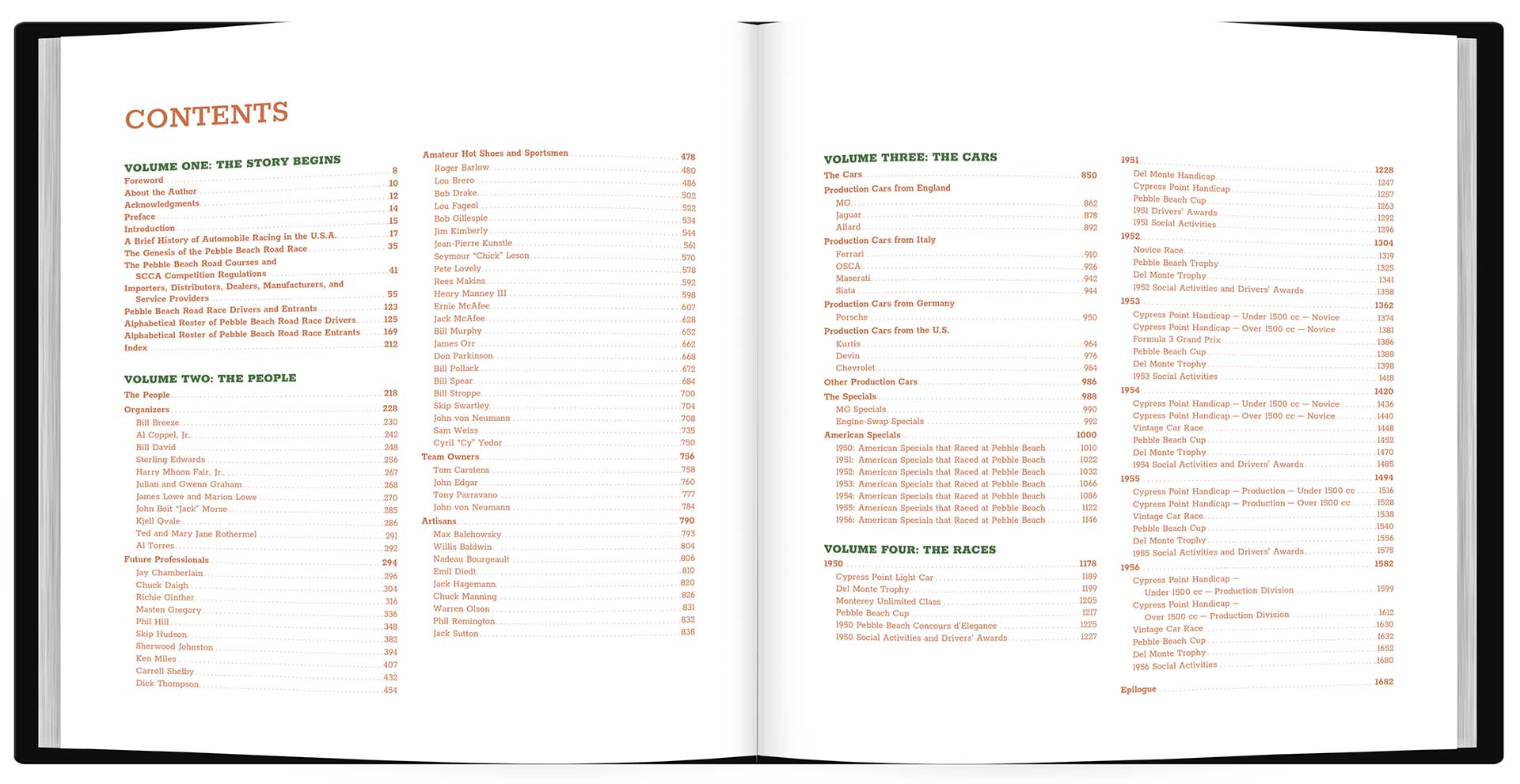Open book showing a table of contents with chapter titles.