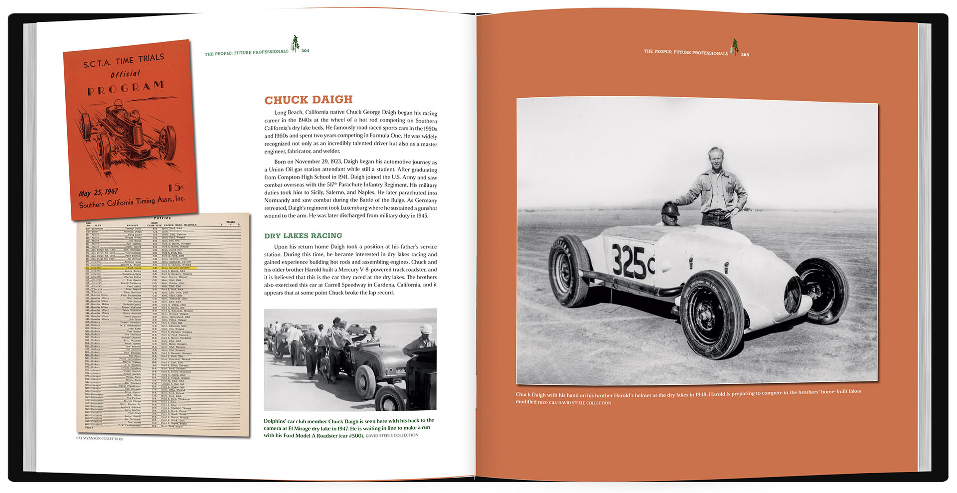 Open book with racing-themed pages including a black and white photo of a race car and driver.
