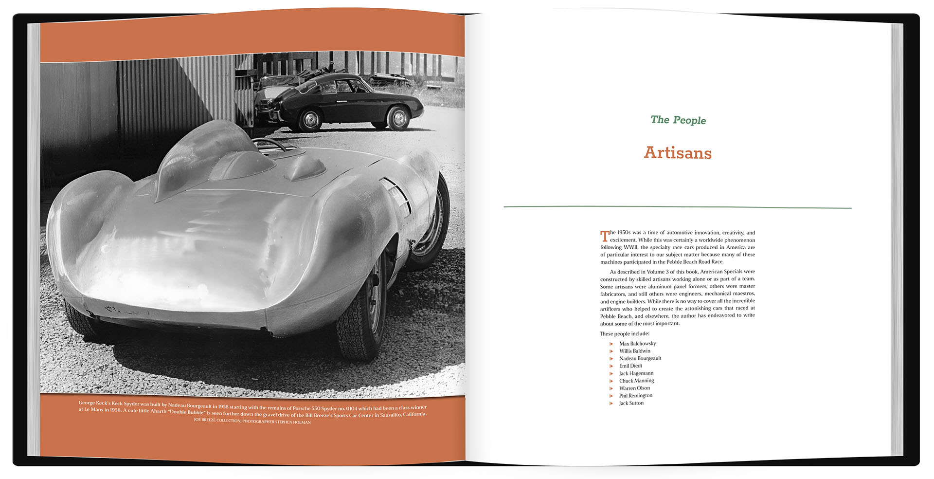 Open book showing a vintage car and text on a white background