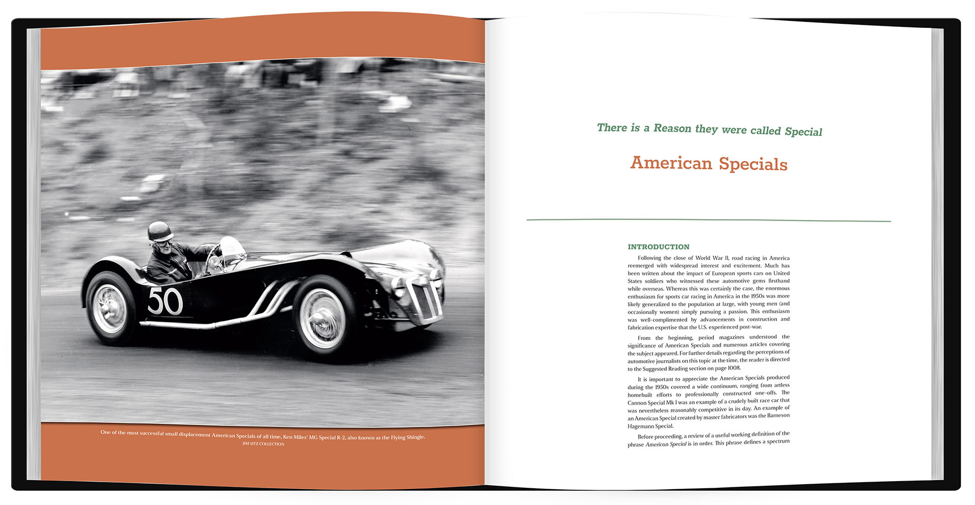 Book open to a page with a vintage race car and text about 'American Specials'.