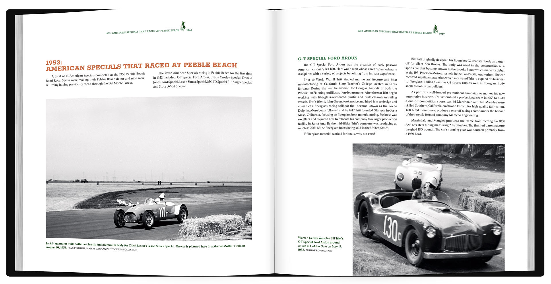 Open book showing pages with vintage car racing images and text.