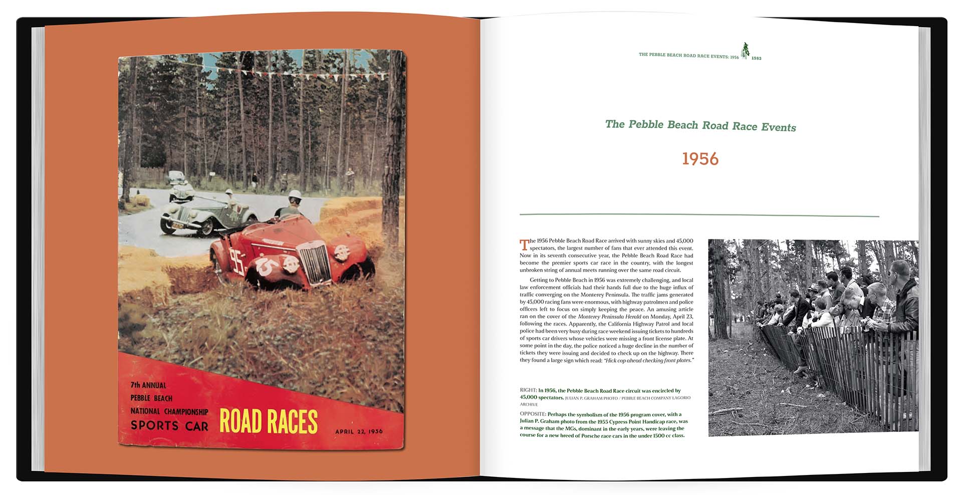 Open book showing a page with a vintage car race scene and text.