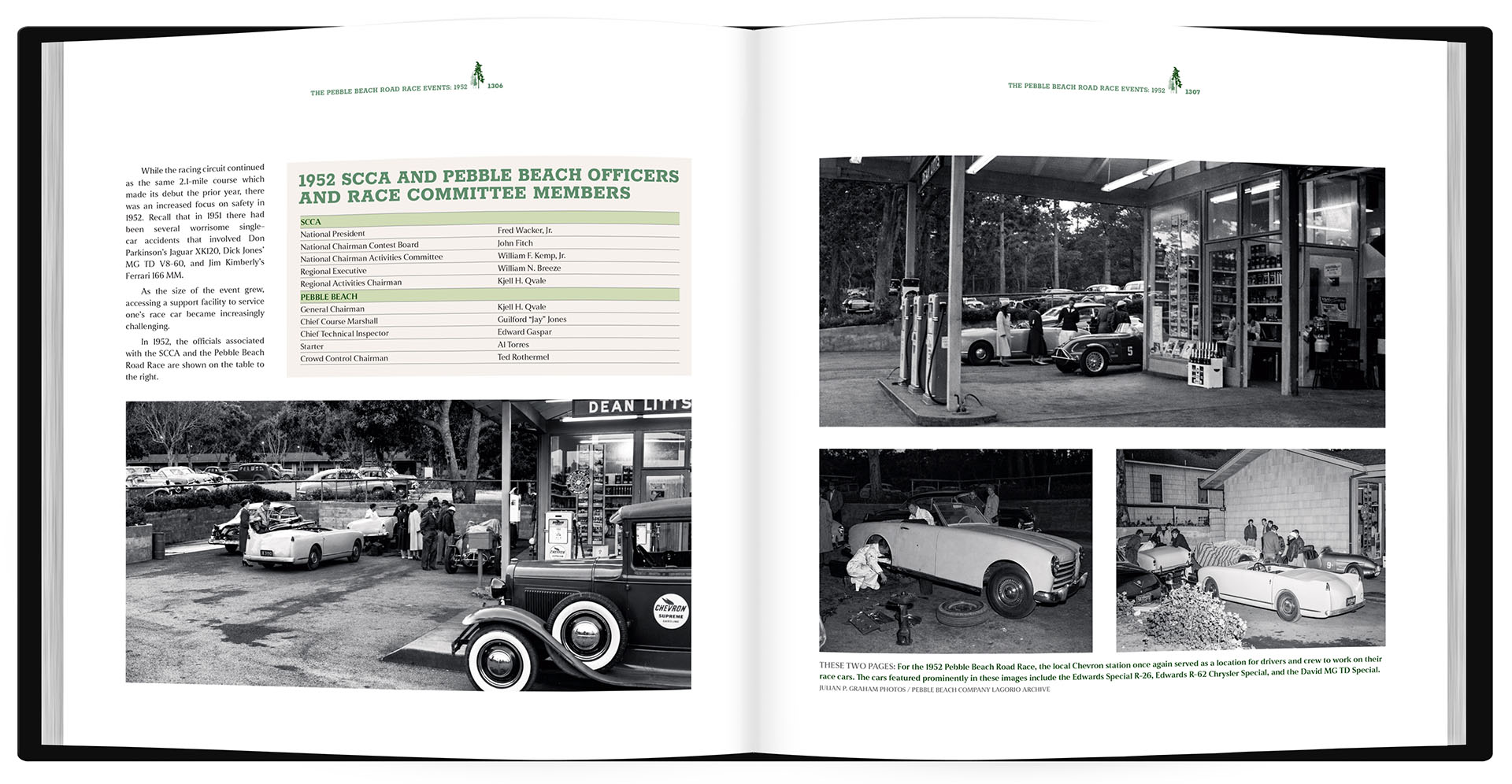 Open book showing black and white photos of vintage cars and a gas station.